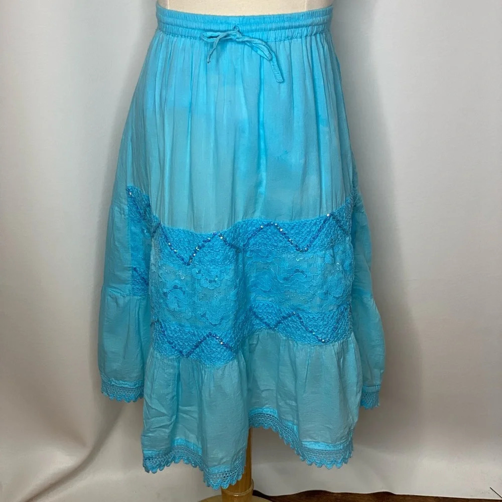 Tiki Palm girls blue boho modest sequin lace skirt Sz Lg 10/12